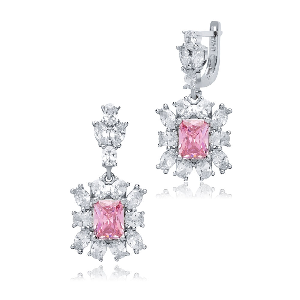 Rectangle Pink CZ Cluster Earrings Wholesale 925 Silver Jewelry