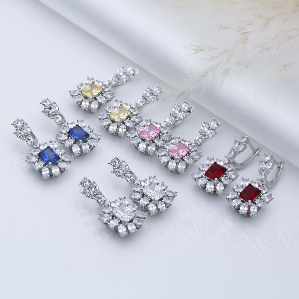 Rectangle CZ Cluster Earrings Silver Jewelry