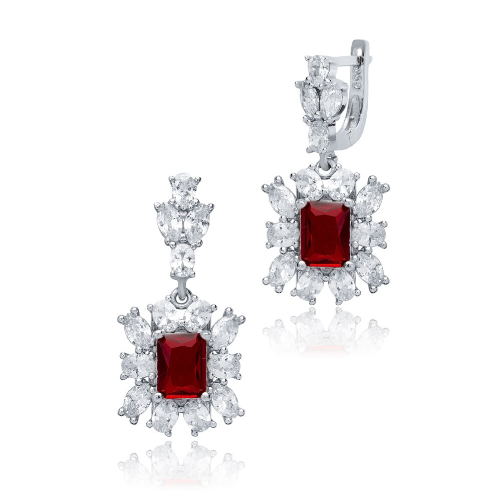 Rectangle Garnet CZ Cluster Earrings Wholesale 925 Silver Jewelry