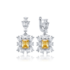 Rectangle Citrine CZ Dangle Earrings Wholesale 925 Silver Jewelry