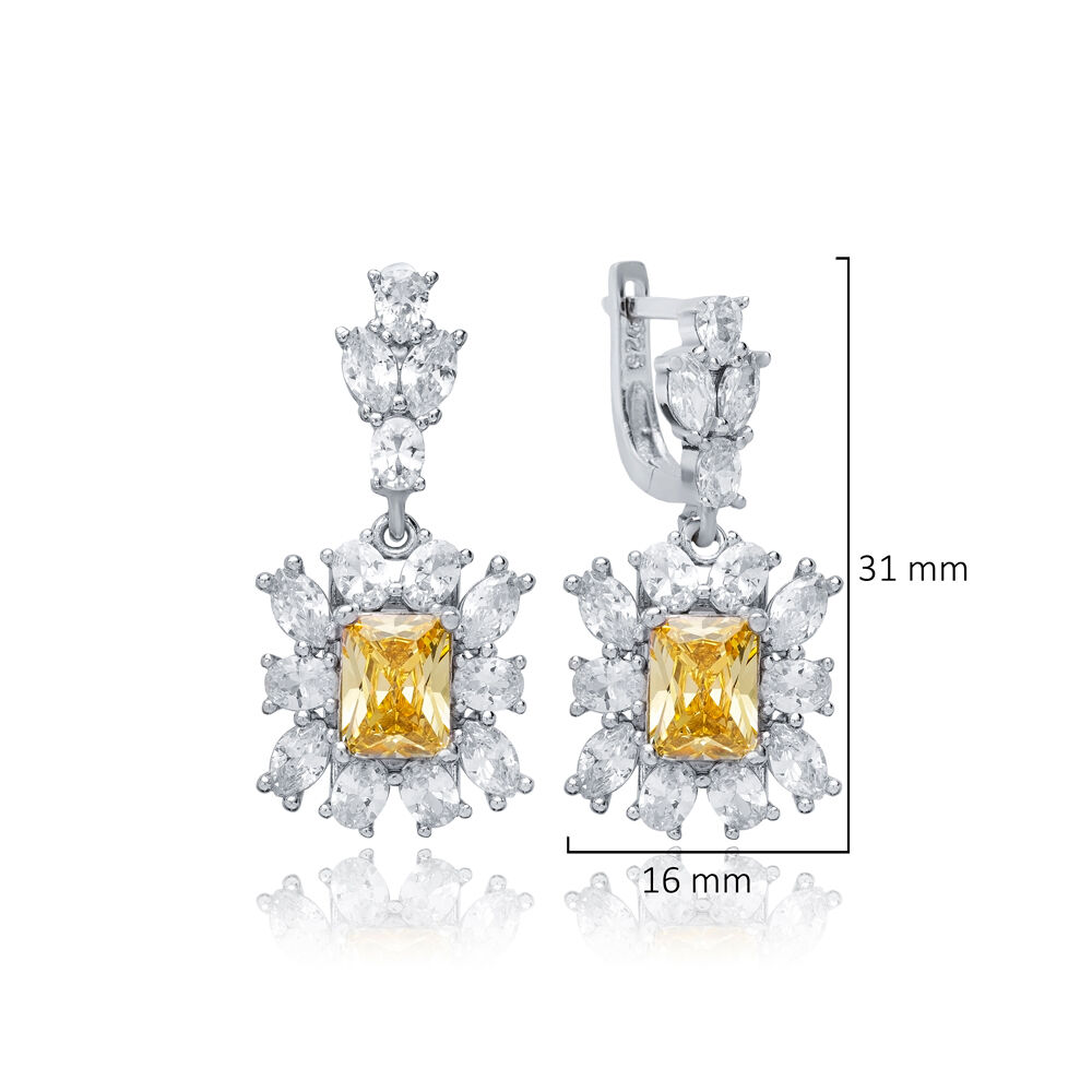 Rectangle Citrine CZ Cluster Earrings Wholesale 925 Silver Jewelry