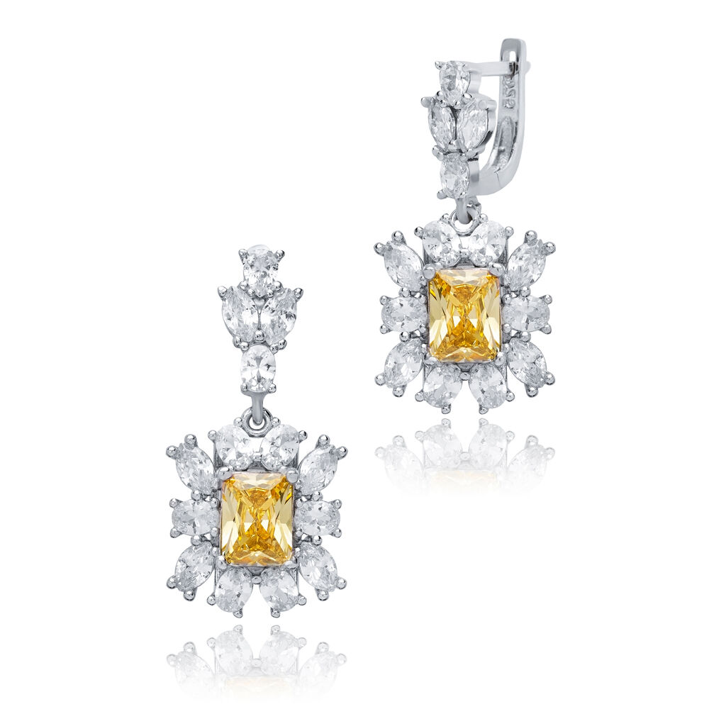 Rectangle Citrine CZ Cluster Earrings Wholesale 925 Silver Jewelry