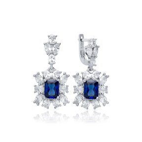 Rectangle Sapphire CZ Dangle Earrings Wholesale 925 Silver Jewelry