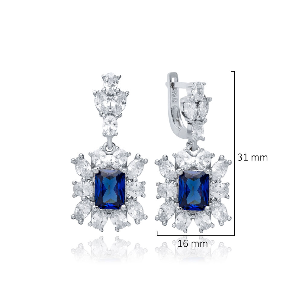 Rectangle Sapphire CZ Dangle Earrings Wholesale 925 Silver Jewelry