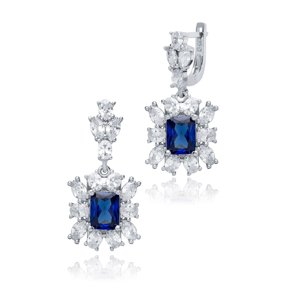 Rectangle Sapphire CZ Cluster Earrings Wholesale 925 Silver Jewelry