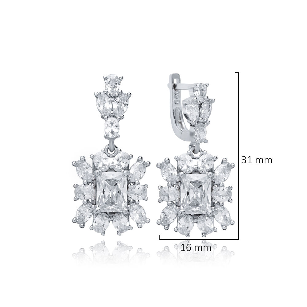 Rectangle CZ Cluster Earrings Silver Jewelry