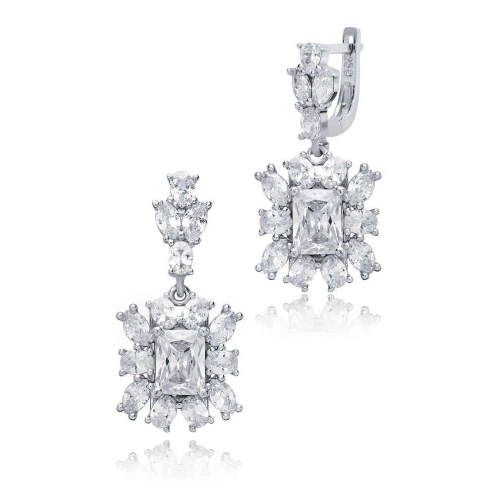 Rectangle CZ Cluster Earrings Silver Jewelry