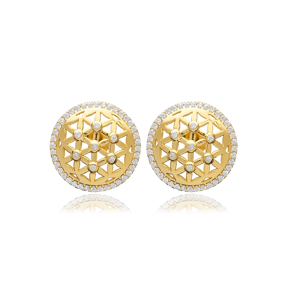 Flower of Life Design CZ Stone Silver Stud Earrings Jewelry