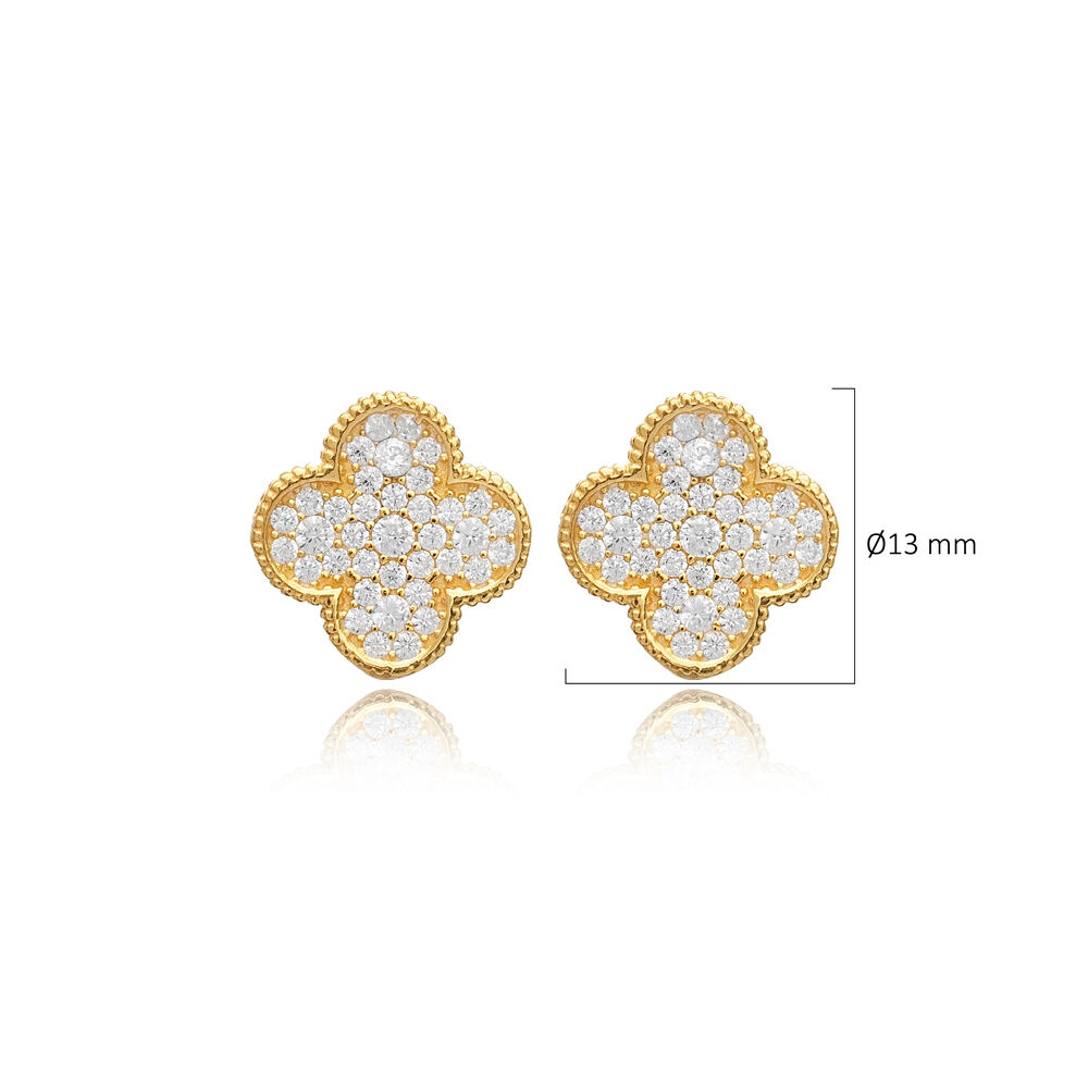 Clear CZ Stone Clover Design Handmade Silver Stud Earrings