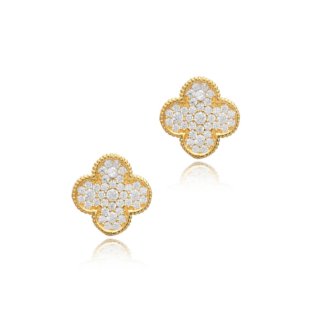 Clear CZ Stone Clover Design Handmade Silver Stud Earrings