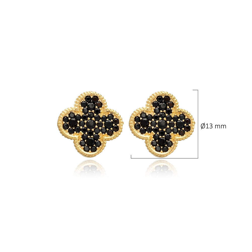 Black CZ Stone Clover Design Turkish Silver Stud Earrings