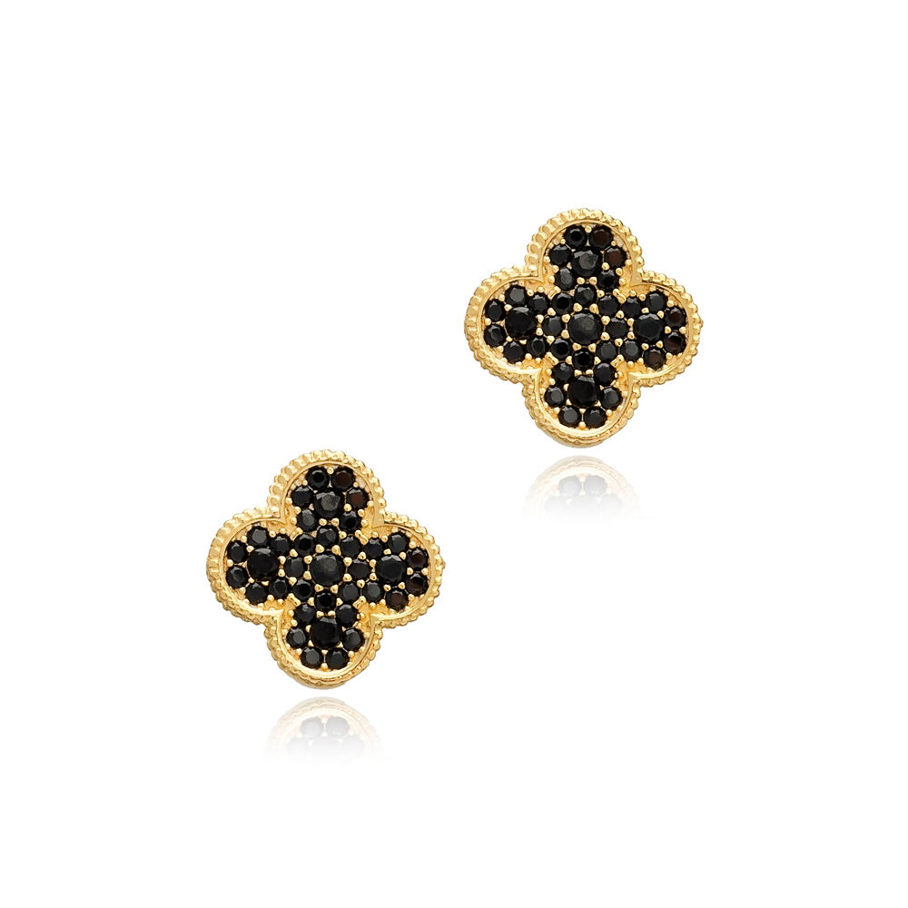 Black CZ Stone Clover Design Turkish Silver Stud Earrings