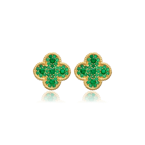 Green CZ Stone Clover Design Turkish Silver Stud Earrings