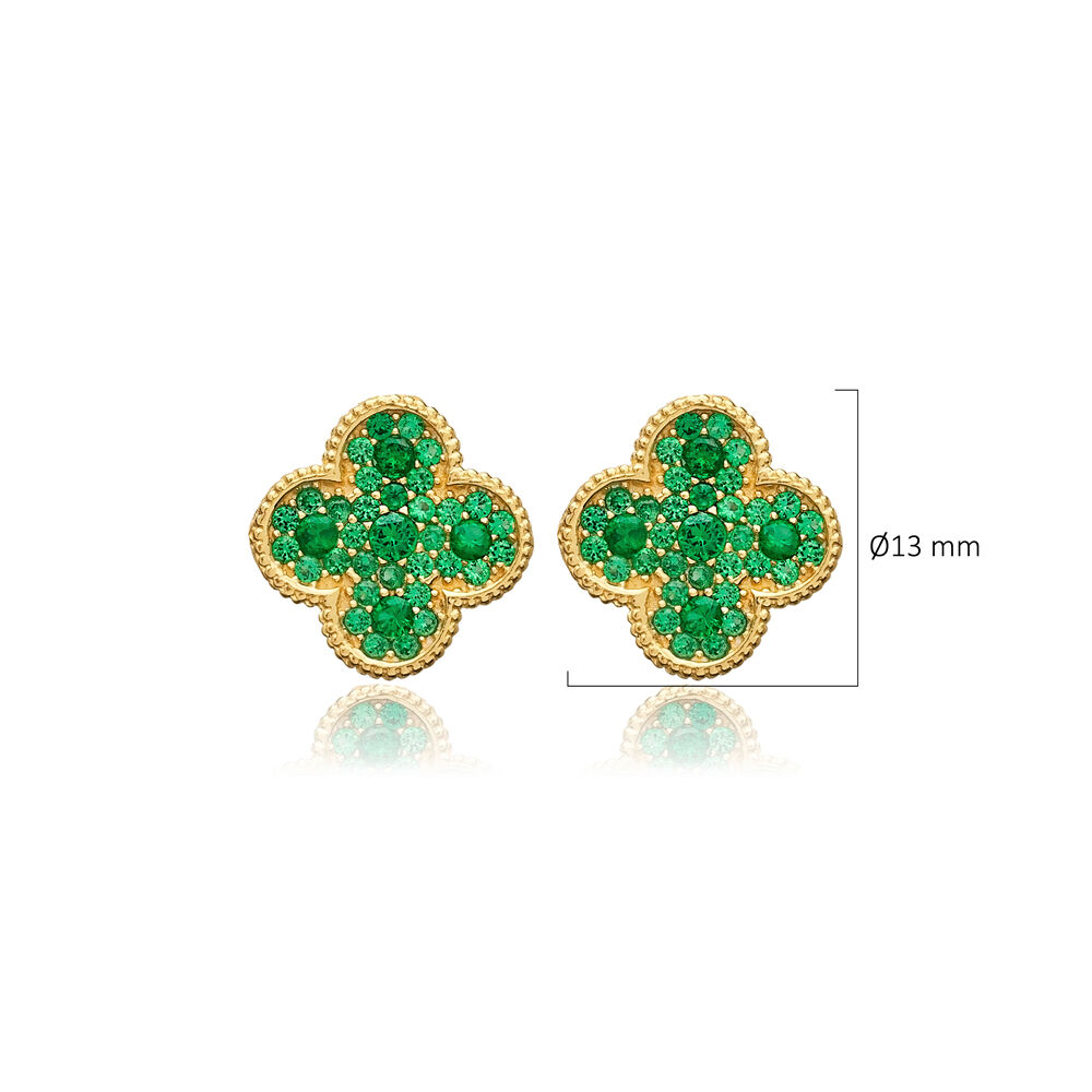 Green CZ Stone Clover Design Turkish Silver Stud Earrings