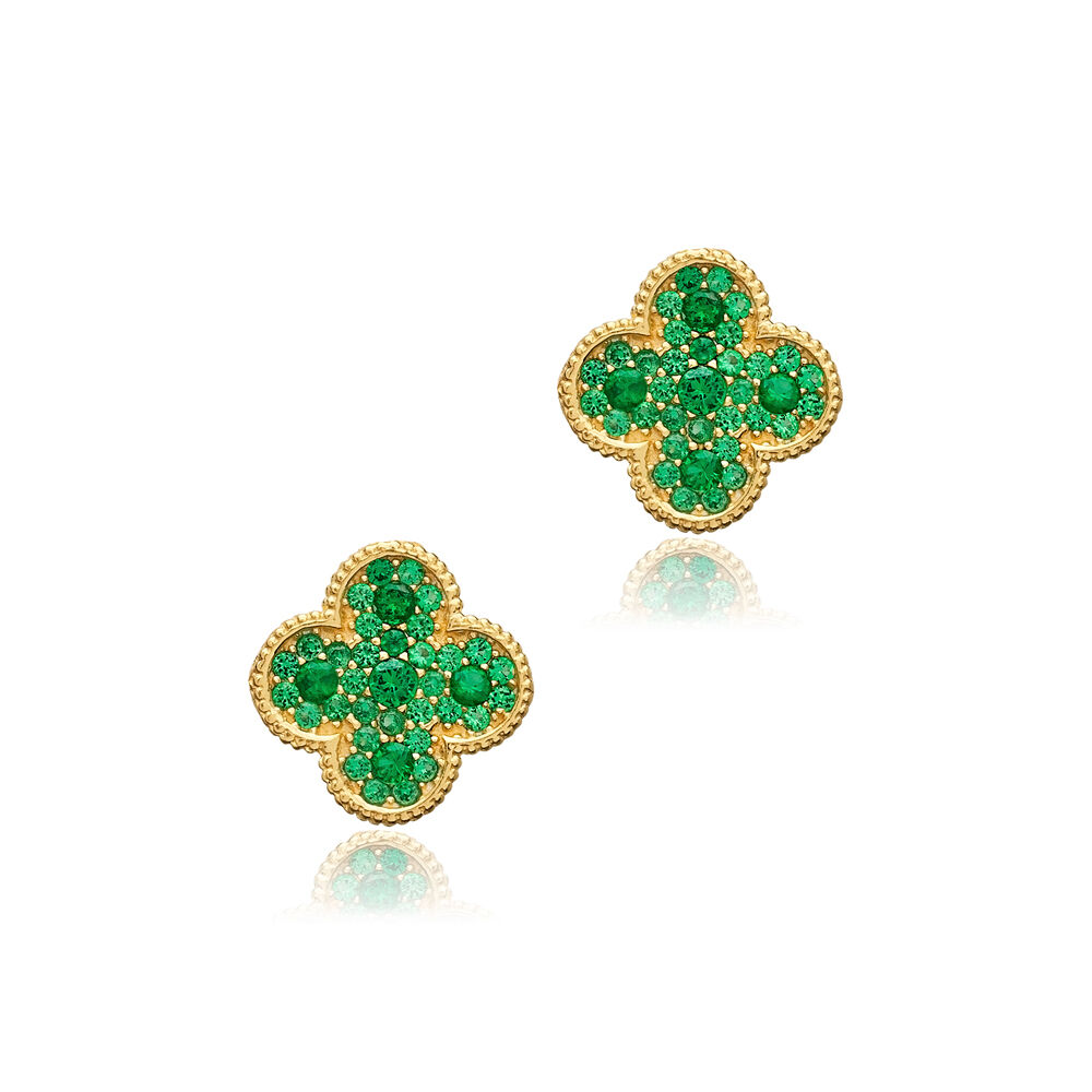 Green CZ Stone Clover Design Turkish Silver Stud Earrings