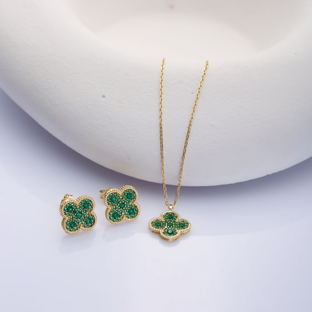 Green CZ Stone Clover Design Turkish Silver Stud Earrings