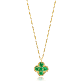 Clover Shape Green CZ Stone Charm Silver Necklace