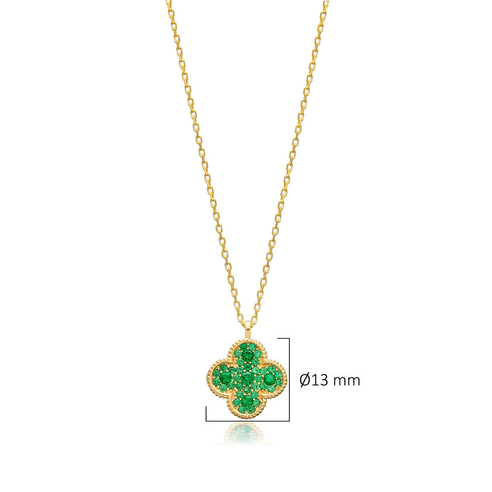 Clover Shape Green CZ Stone Charm Silver Necklace