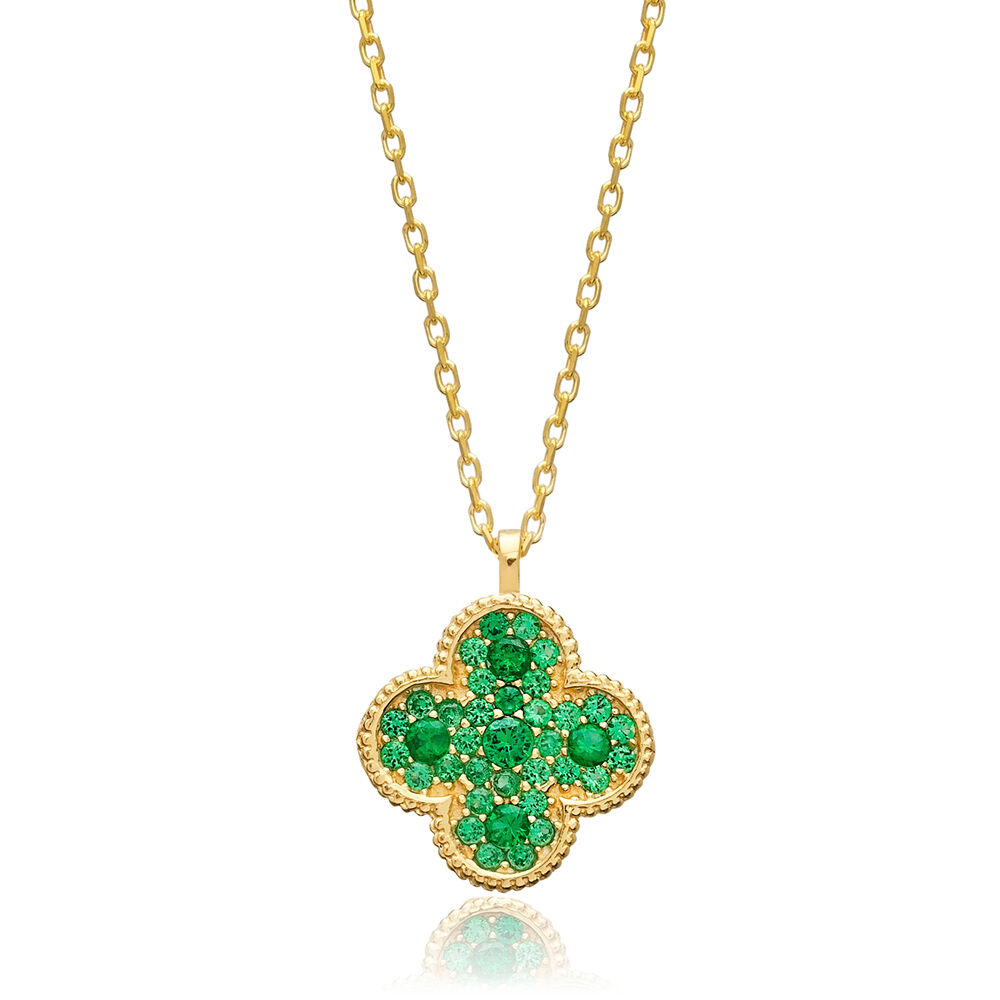 Clover Shape Green CZ Stone Charm Silver Necklace