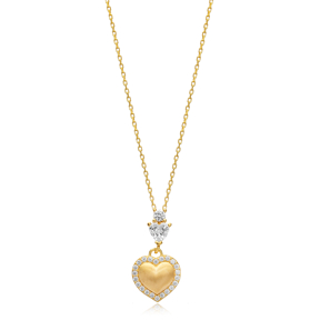 Heart Design CZ Stone Charm Necklace Turkish Silver Jewelry