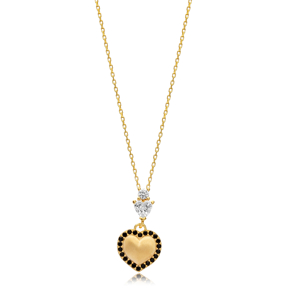Black CZ Stone Heart Design Silver Charm Pendant Necklace