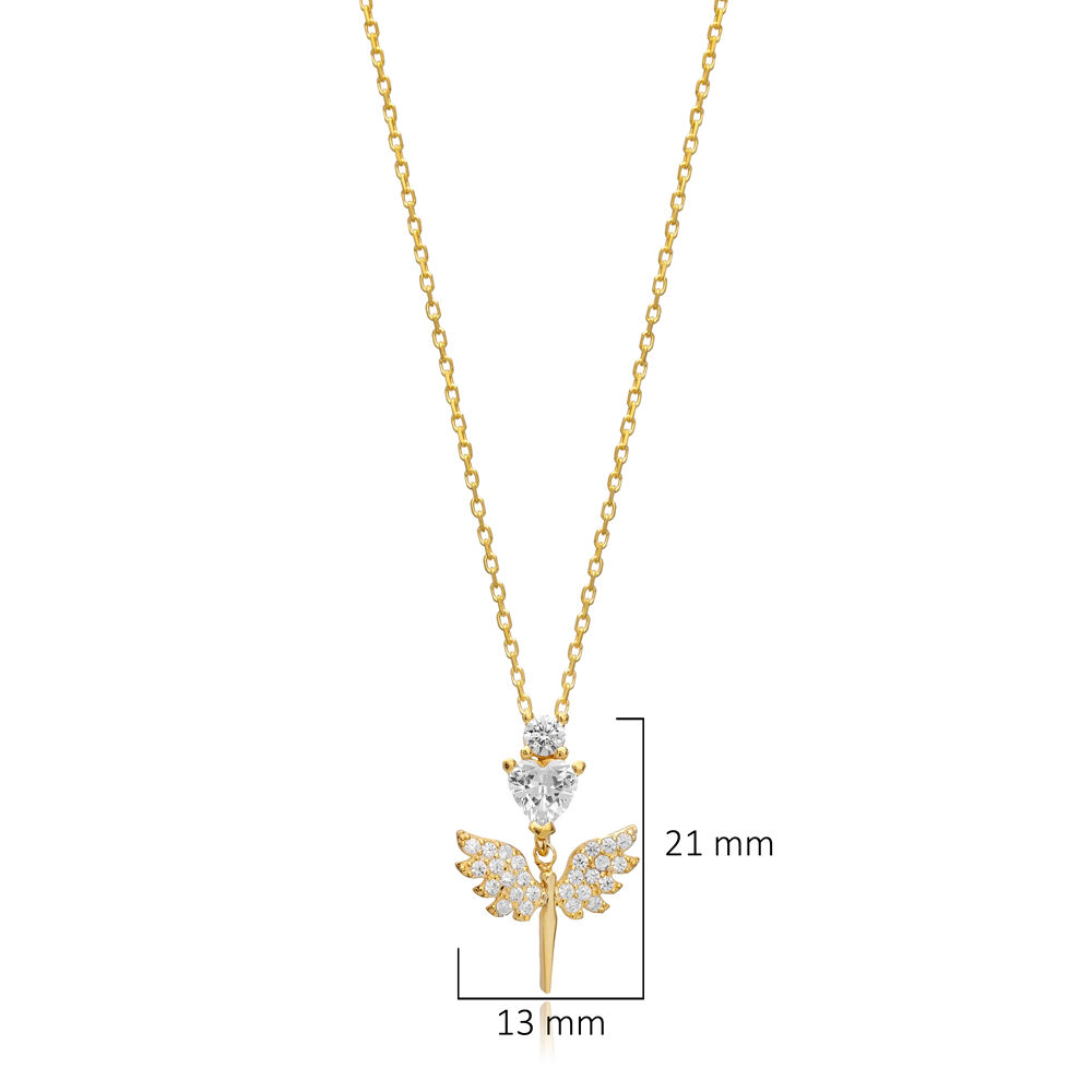 Cute CZ Stone Angel Wing Design Silver Charm Pendant Necklace