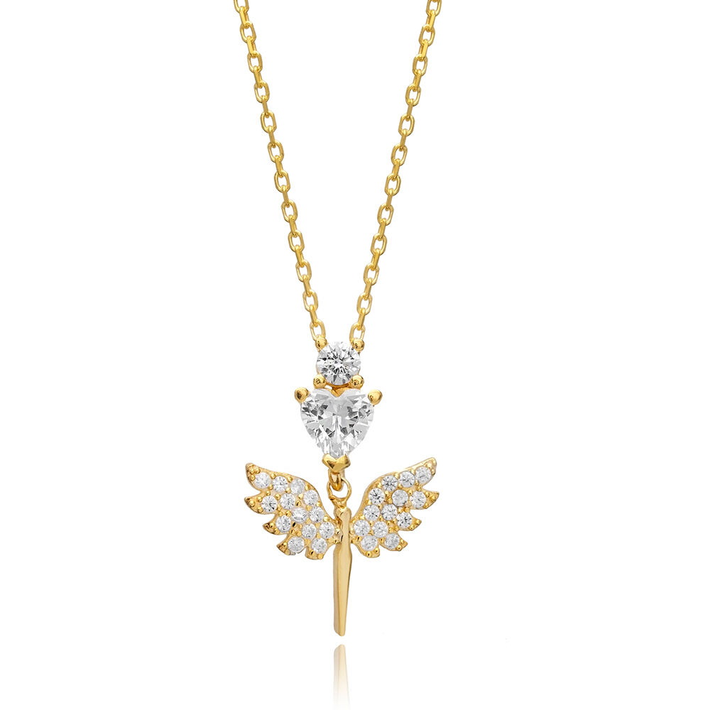 Cute CZ Stone Angel Wing Design Silver Charm Pendant Necklace