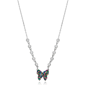 Colorful CZ Butterfly Design Wholesale 925 Silver Charm Necklace