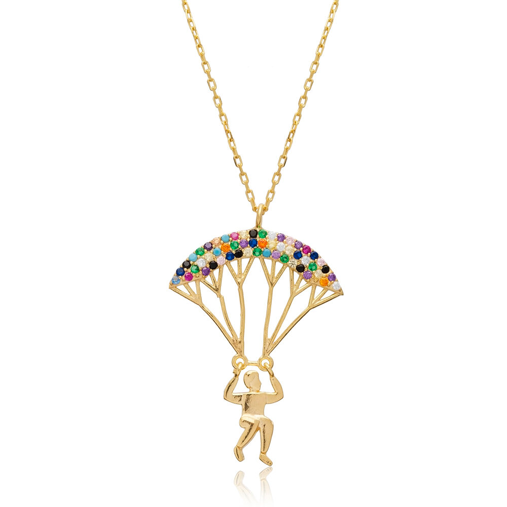 Colorful CZ Parachute Boy Wholesale Silver Charm Necklace