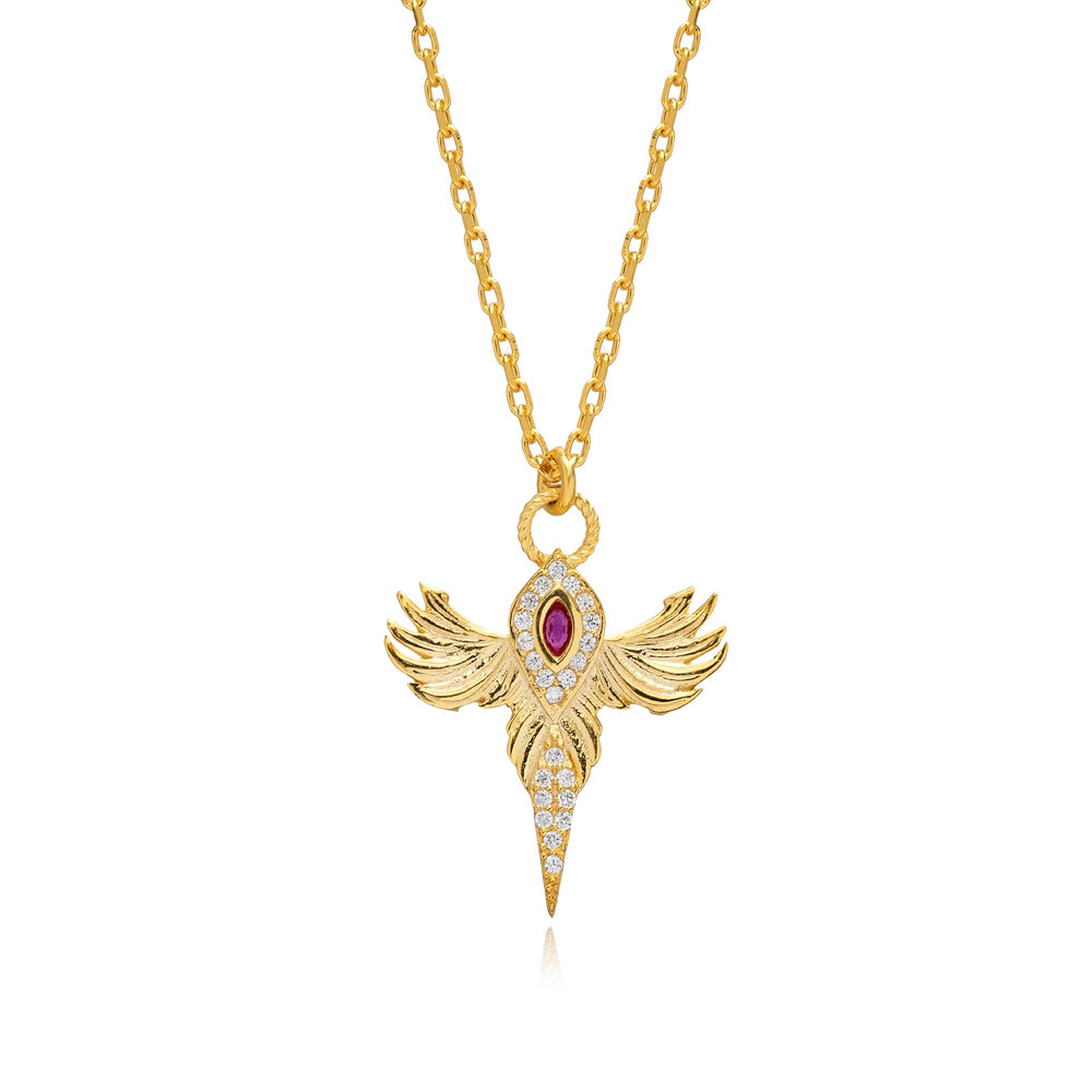 Ruby CZ Stone Phoenix Design Silver Charm Necklace Pendant