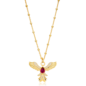 Ruby CZ Stone Phoenix Ball Chain Silver Charm Necklace Pendant