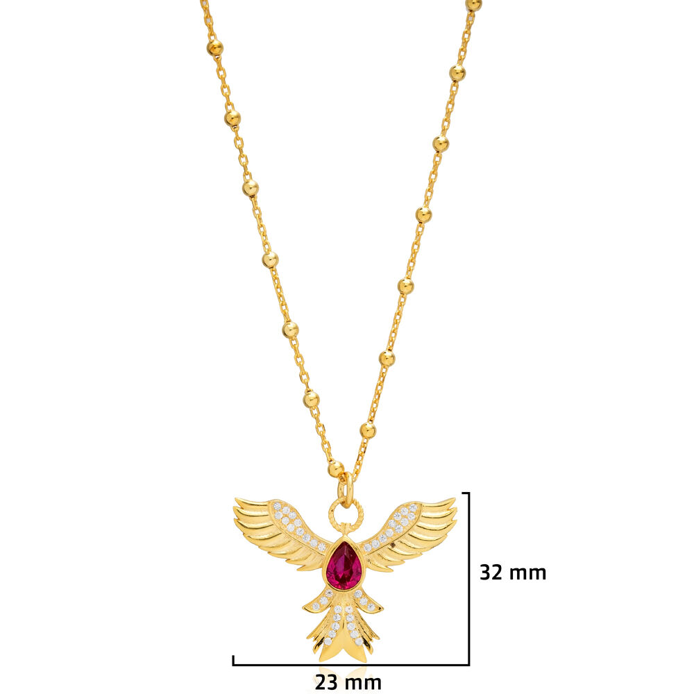 Ruby CZ Stone Phoenix Ball Chain Silver Charm Necklace Pendant