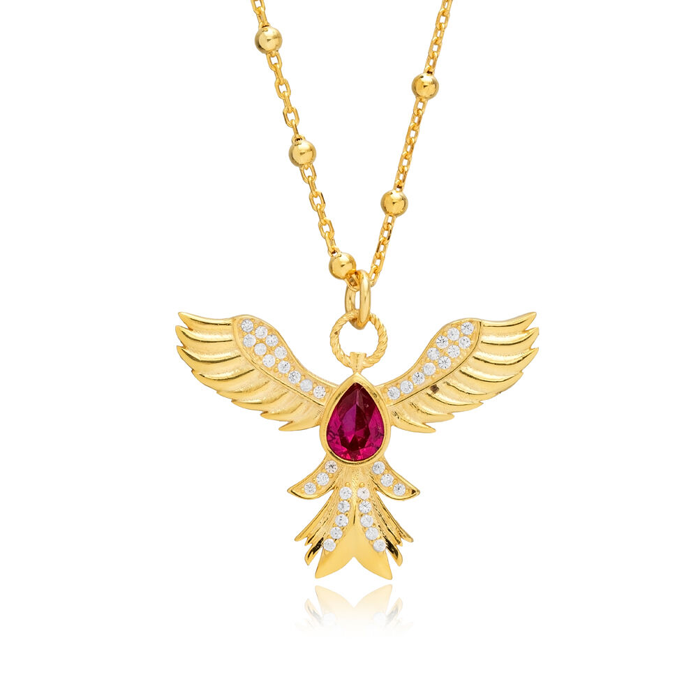 Ruby CZ Stone Phoenix Ball Chain Silver Charm Necklace Pendant