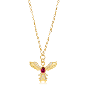 Phoenix Design Ruby CZ Stone Silver Charm Necklace Pendant