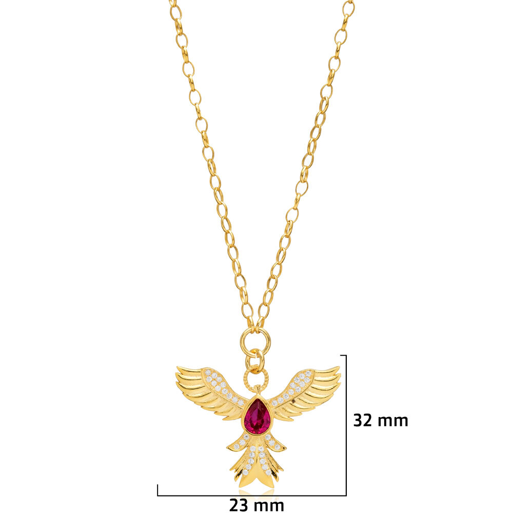 Phoenix Design Ruby CZ Stone Silver Charm Necklace Pendant