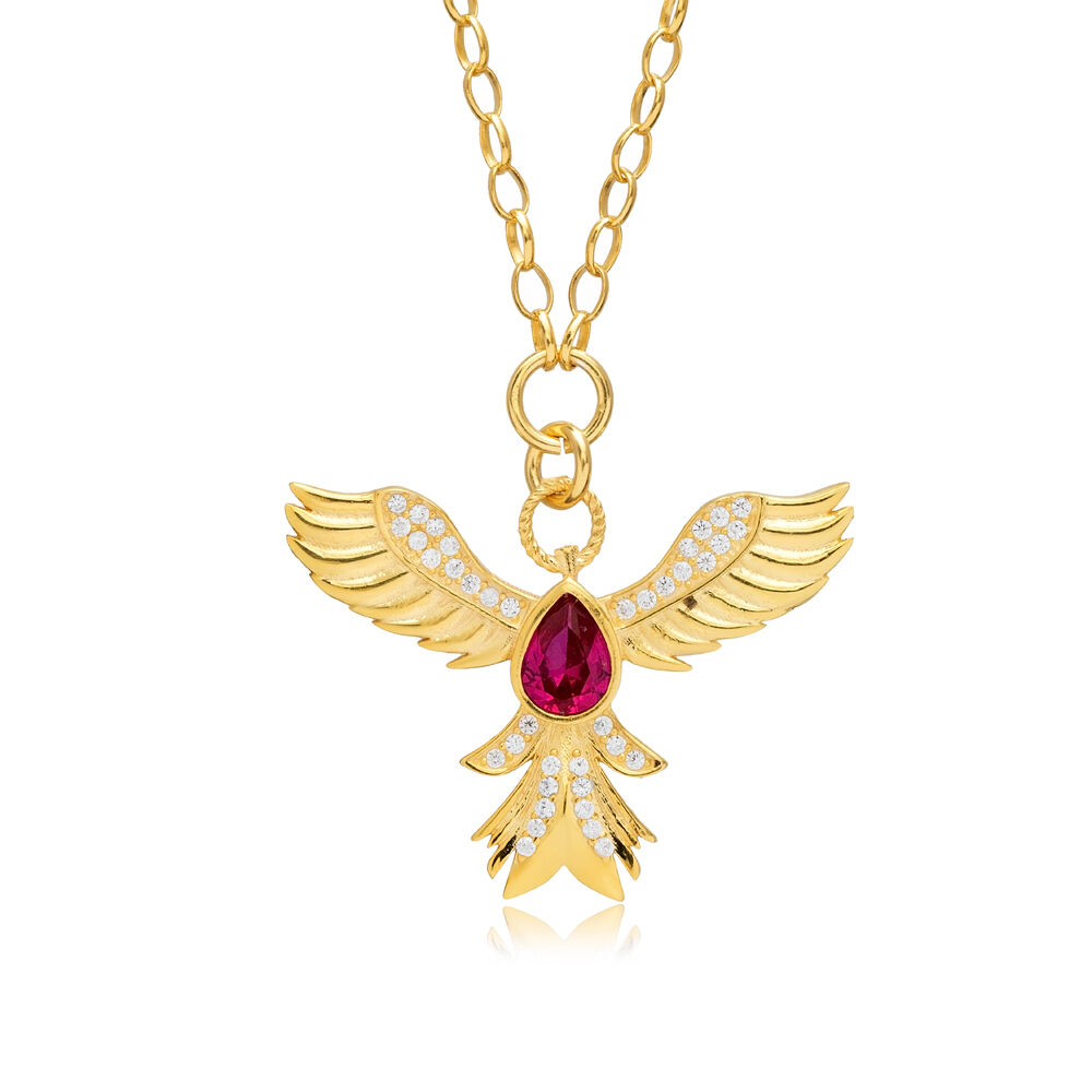 Phoenix Design Ruby CZ Stone Silver Charm Necklace Pendant