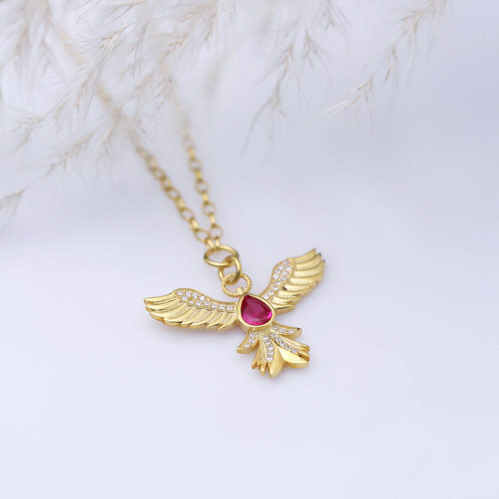 Phoenix Design Ruby CZ Stone Silver Charm Necklace Pendant