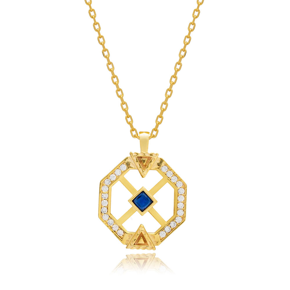 Sapphire CZ Unique Geometric Shape Sterling Silver Charm Necklace