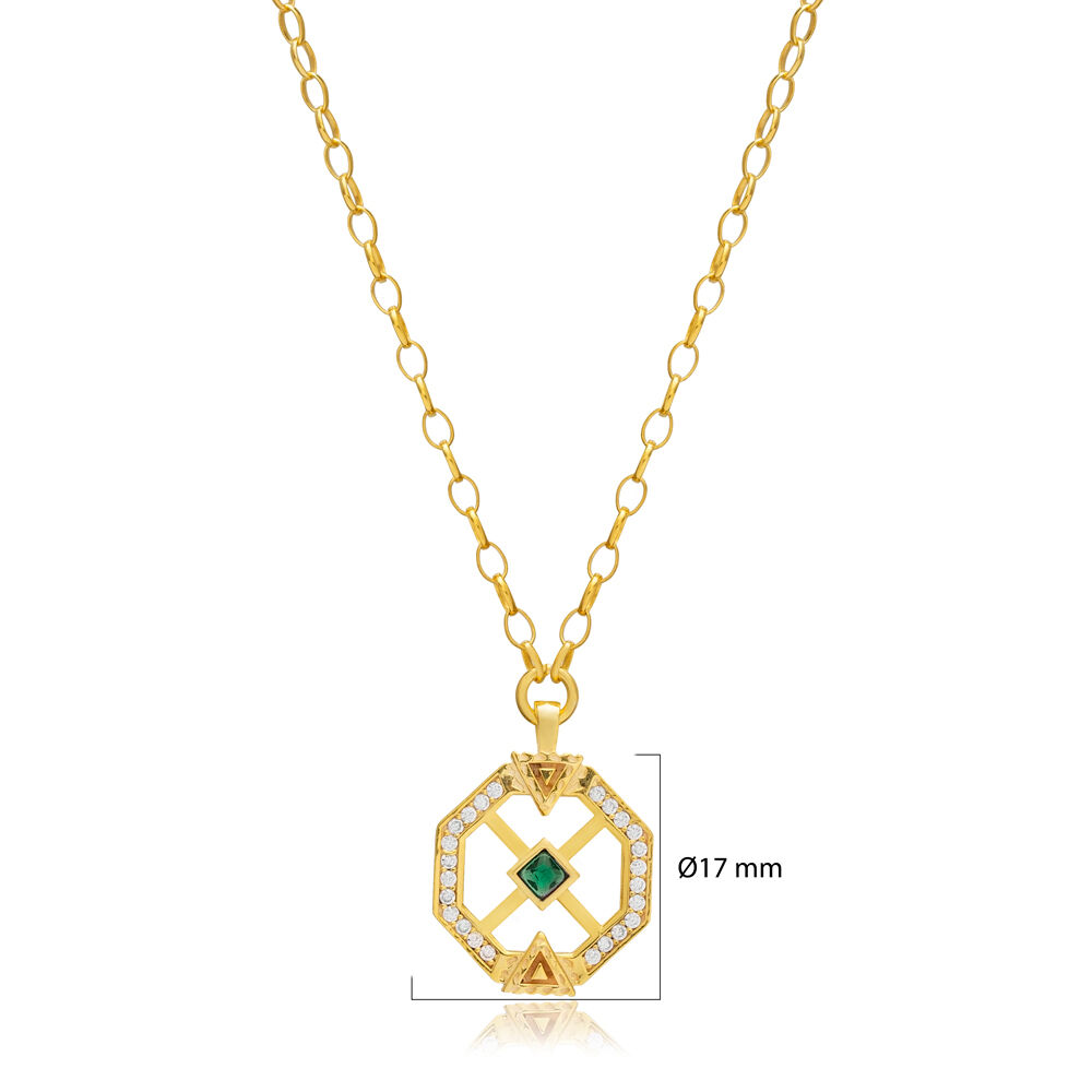 Emerald CZ Unique Geometric Design Sterling Silver Charm Necklace