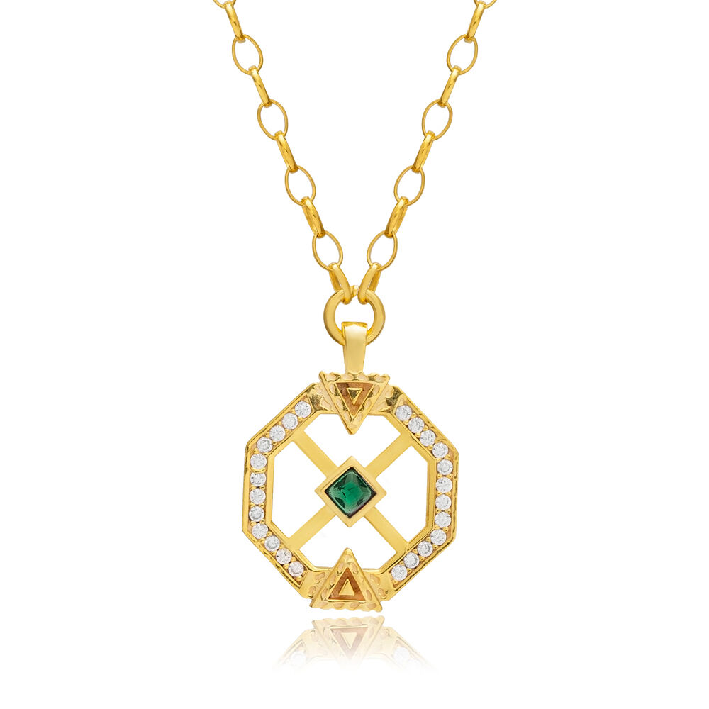 Emerald CZ Unique Geometric Design Sterling Silver Charm Necklace