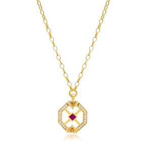 Ruby CZ Unique Geometric Design Sterling Silver Charm Necklace