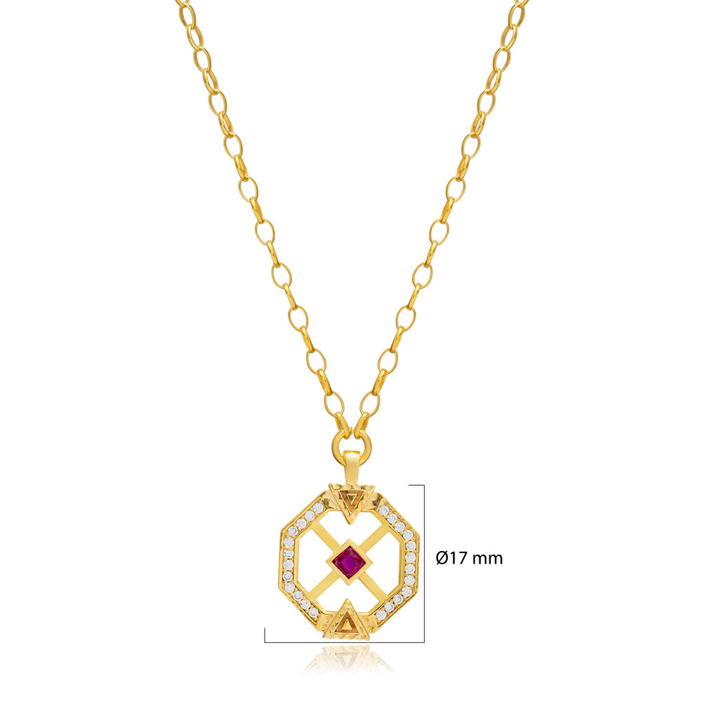 Ruby CZ Unique Geometric Design Sterling Silver Charm Necklace