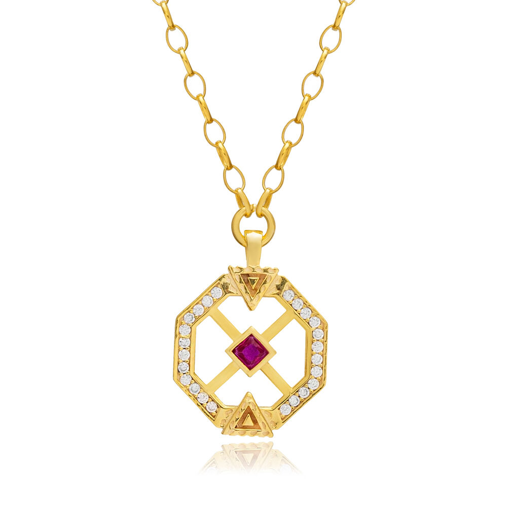 Ruby CZ Unique Geometric Design Sterling Silver Charm Necklace