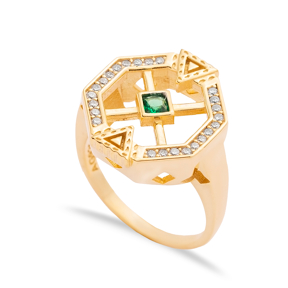 Emerald CZ Geometric Shape Handmade Women Cluster Silver Ring