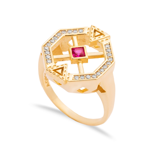 Ruby CZ Unique Geometric Design Cluster Silver Ring