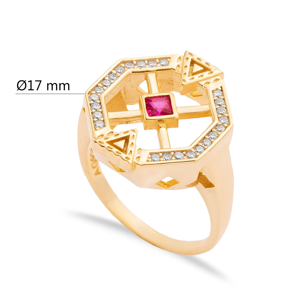 Ruby CZ Unique Geometric Design Cluster Silver Ring