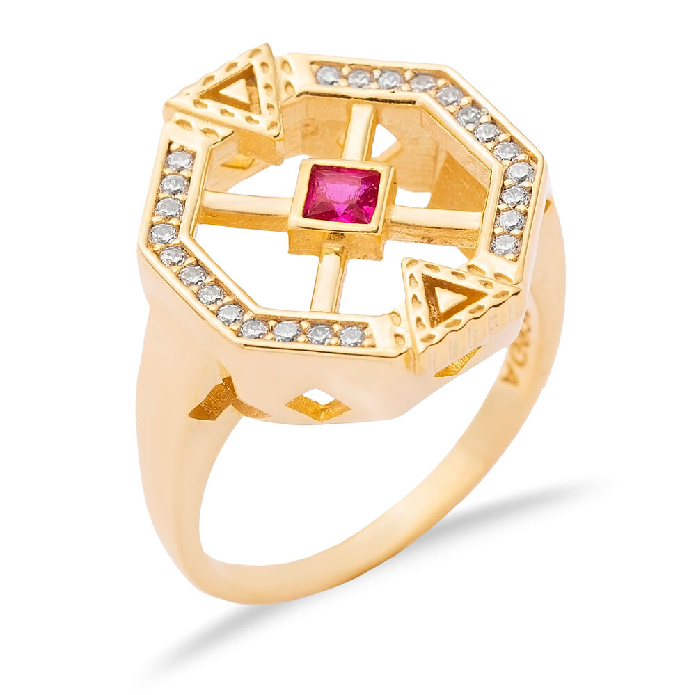 Ruby CZ Unique Geometric Design Cluster Silver Ring