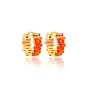 Orange Cz Stone Baguette Handmade Silver Hoop Earrings