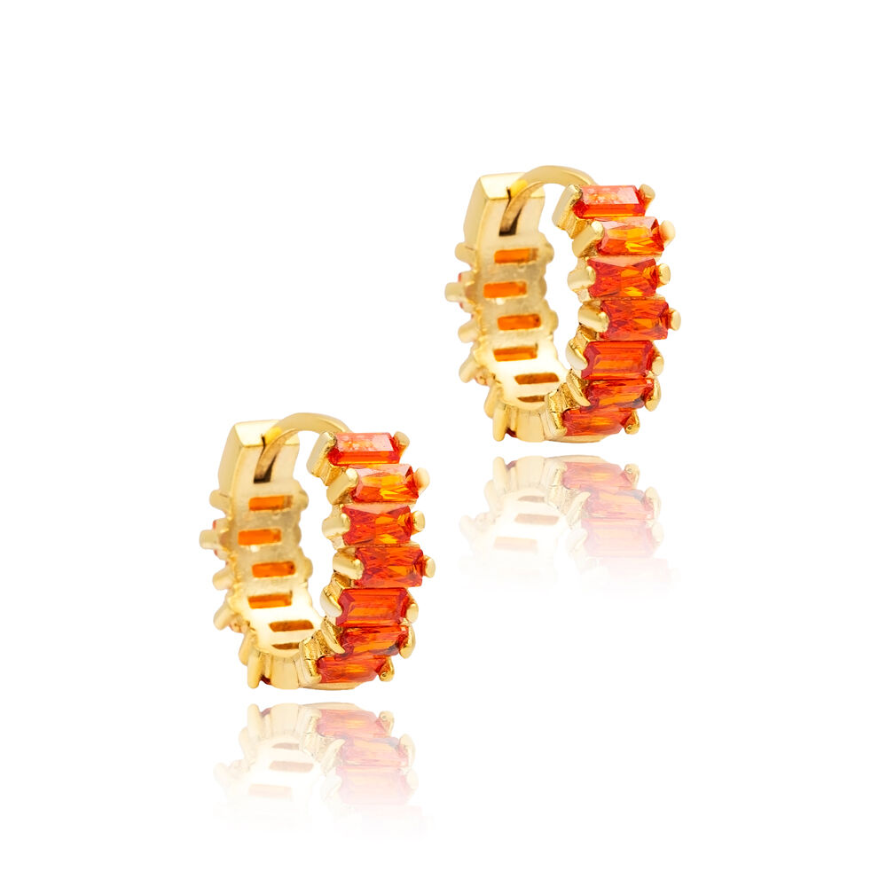 Orange Cz Stone Baguette Handmade Silver Hoop Earrings