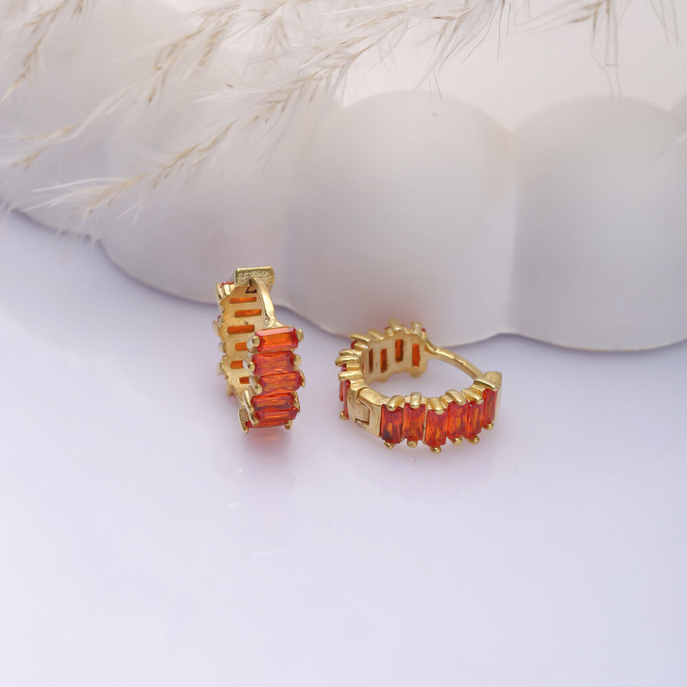 Orange Cz Stone Baguette Handmade Silver Hoop Earrings